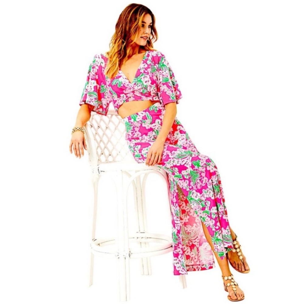 Lilly Pulitzer Vibrant Floral Maxi Skirt with matching crop top.